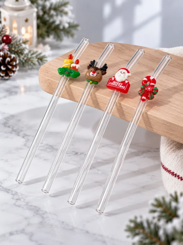 4PCS Christmas Candle Reindeer Santa Candy Cane Glass Straws Bend Reusable Clear Drinking Straws Coffee Juice Gift Xmas