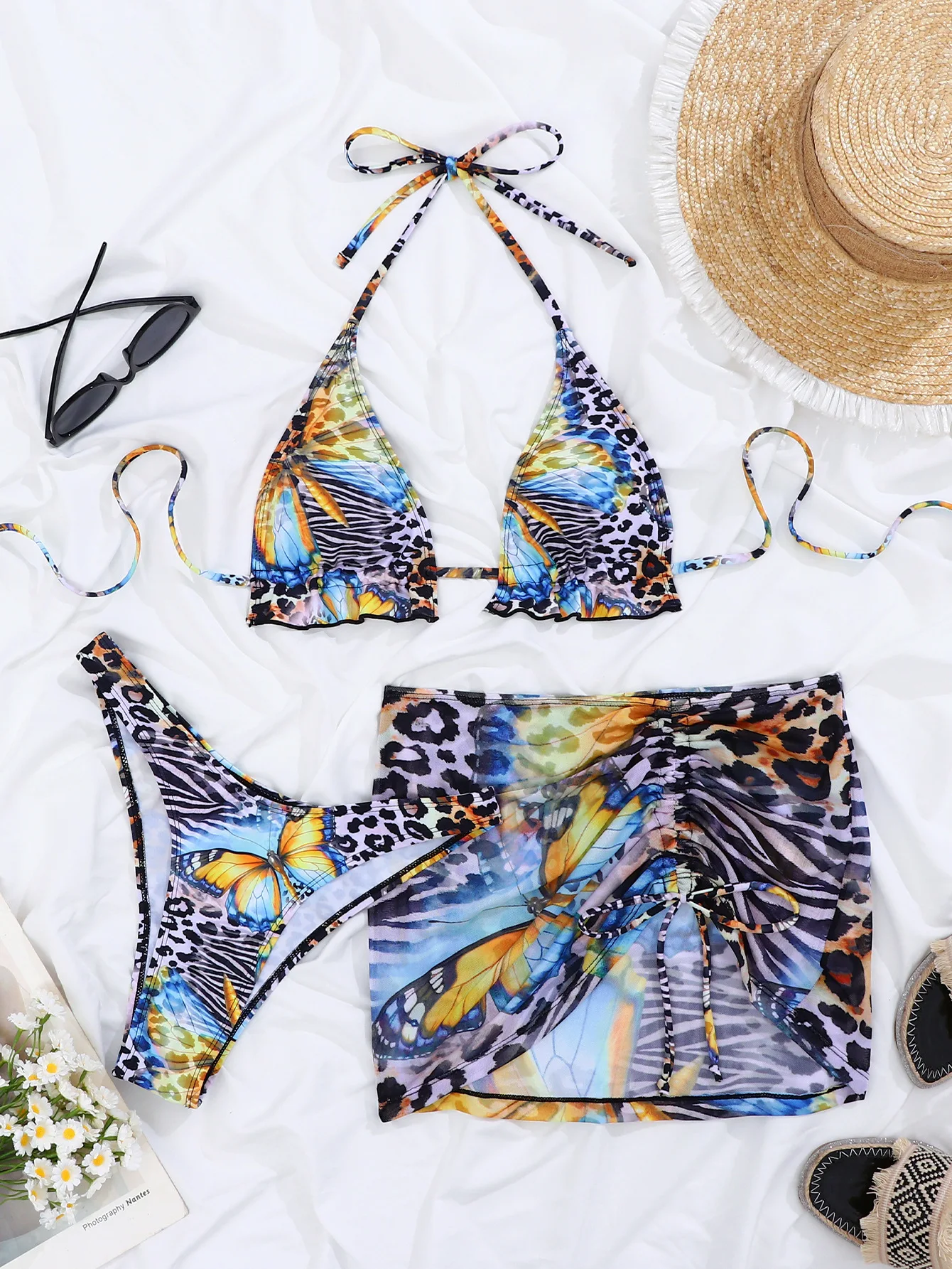 

New Blue Gradient Leopard Print Bikini Set Women Drawstring Side Cover Up 3 Piece Swimsuit 2026 Bathing Suit Holiday Swimwear