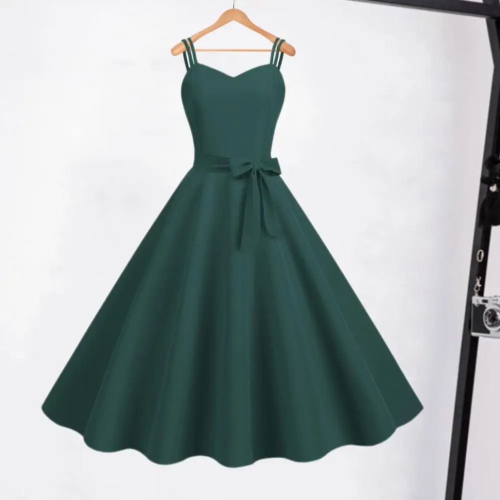 Vintage Women Dress A-line Big Swing Solid Color Backless Spaghetti Strap 50s Bow Decor Prom Cocktail Party Wedding Midi Dress E