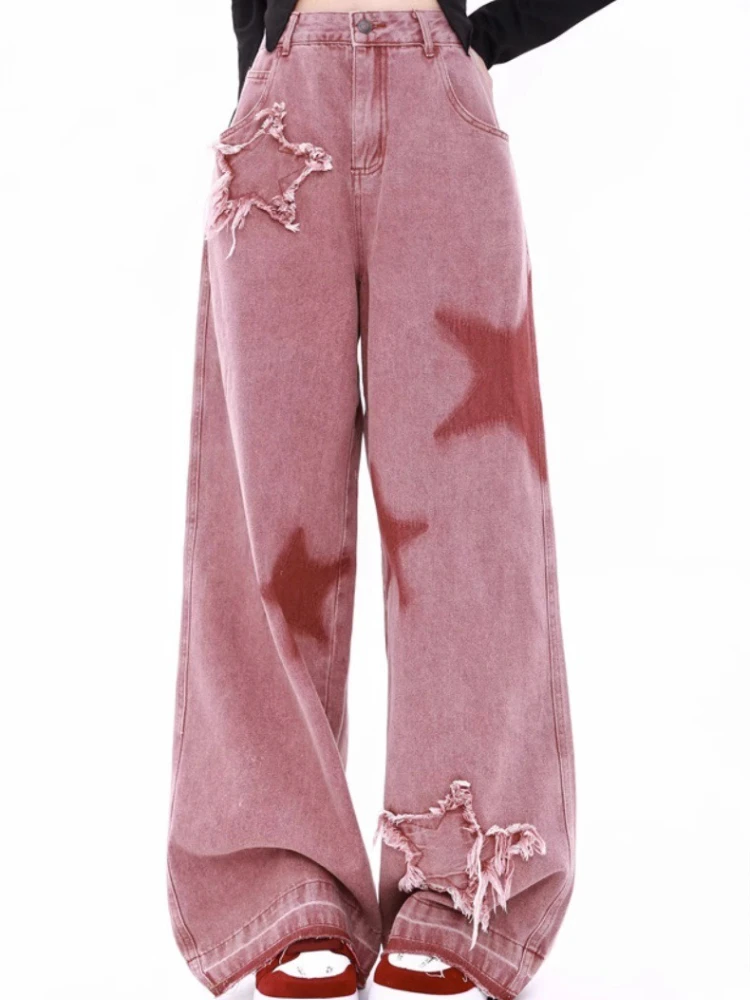 

Американские ретро розовые звезды джинсы-карго женские Y2K уличная одежда Harajuku прямые джинсы свободные тонкие широкие повседневные джинсовые брюки новые