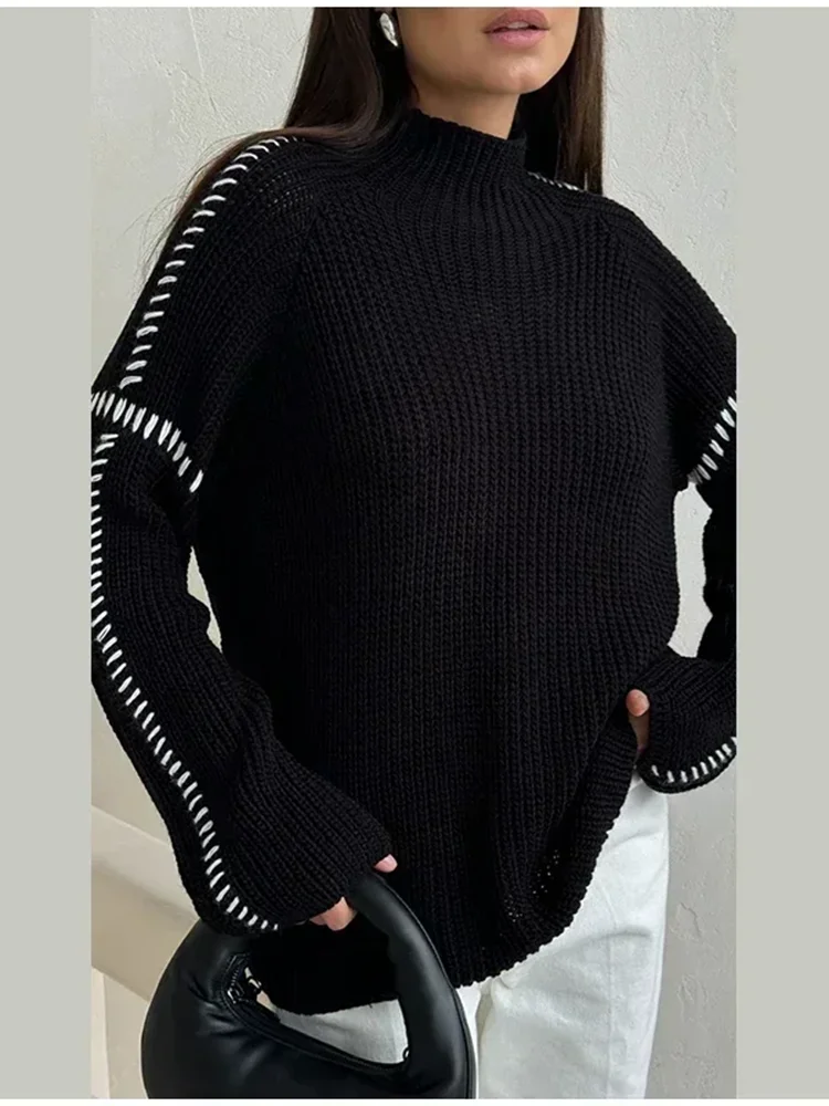 

Autumn New Lady Cozy All-Match Knitwear Casual Knitted Contrast Pullovers Women Loose High Collar Long Sleeve Sweaters