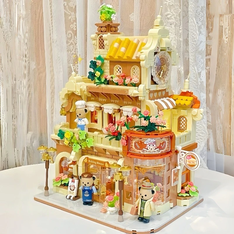 

Маленький медвежонок, дом для выпечки, строительные блоки, 3D модель уличной сцены, украшение для стола, рождественские подарки, игрушка из микро частиц