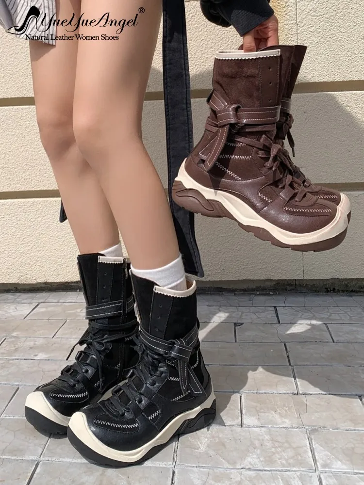 British Style Genuine Leather Cross-Tied High Boots Solid Color Cowhide Round Toe Ladies Zipper Height Increase Footwear