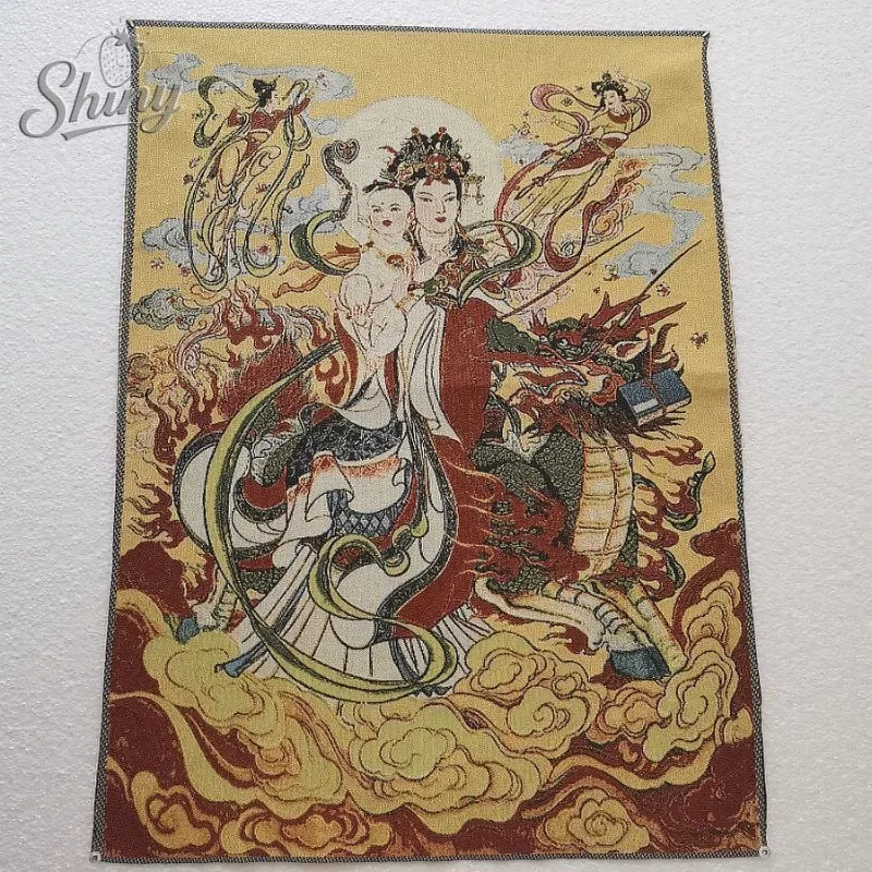 

35.4″ Qilin Guanyin of Childbirth Brocade Tibetan Tangka Embroidery Painting Gold Thread Embroidery Decorative Hanging Pictures