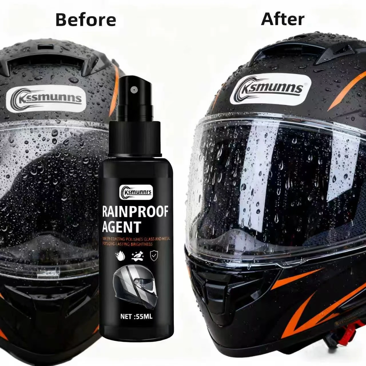 

Дождезащитный агент Ksmunnrs: спрей для покрытия разных материалов, длительная яркость и дождевик для шлемов/стеклов