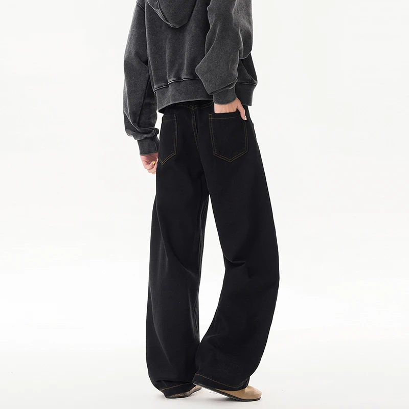 2026 Spring American Washed Curved Knife Design Black Jeans for Men and Women, High Street Loose Wide Leg Floor Length Pants
