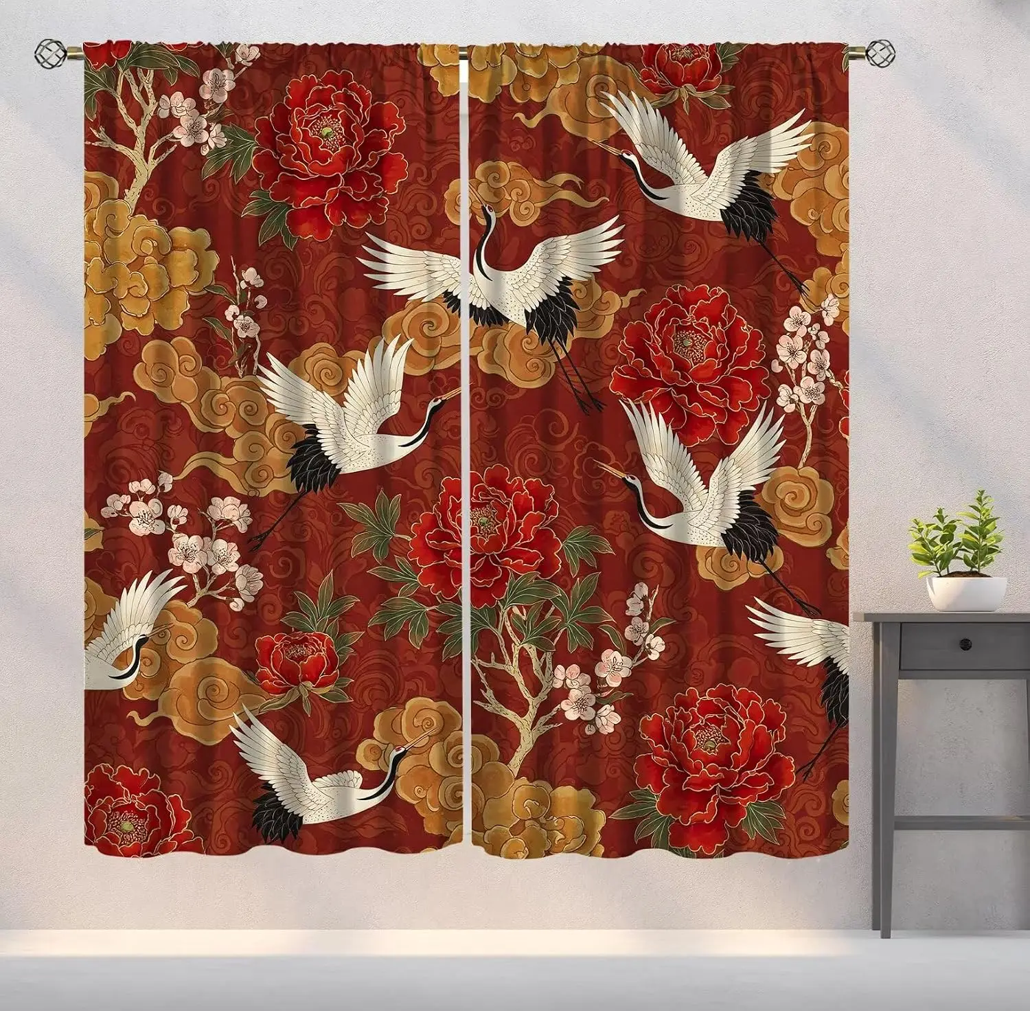 Red Gold Crane Peony Cloud Plum Blossom Chinese Style Blackout Rod Pocket Curtain Oriental Elegant Bedroom Rest Bay Window