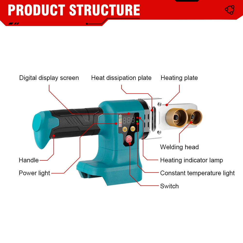 파이프 용접 기계 1400W 20-50mm 파이프 납땜 플라스틱 용접 PP/PPR/PB/PE 튜브 가열 21V 18v 배터리 용 핫멜트 도구