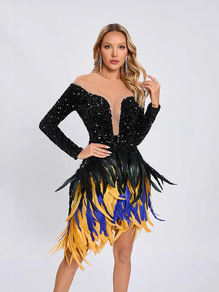 

Faionable Long Sve Feathers Dr V-Ne с блестками в стиле пэчворк Вечернее платье средней длины из смеси полиэстера и спандекса