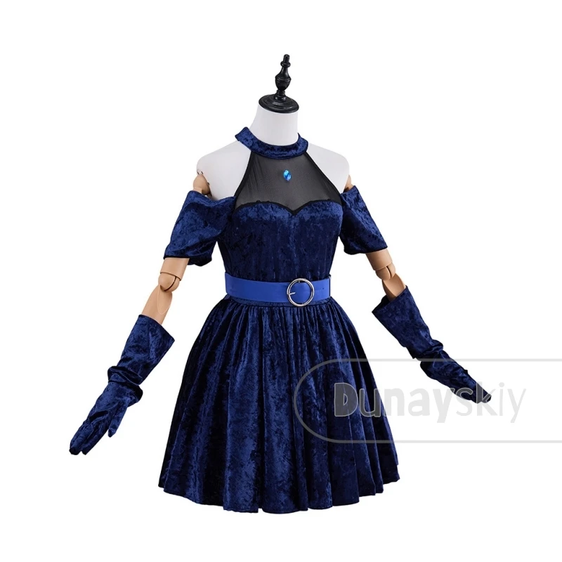 Alien Stage Mizi Cosplay Costume Wig Velvet Dress Off Shoulder Halter Neck Mesh Sheer Panel Gem Brooch Blue Waist Belt Buckle view 3