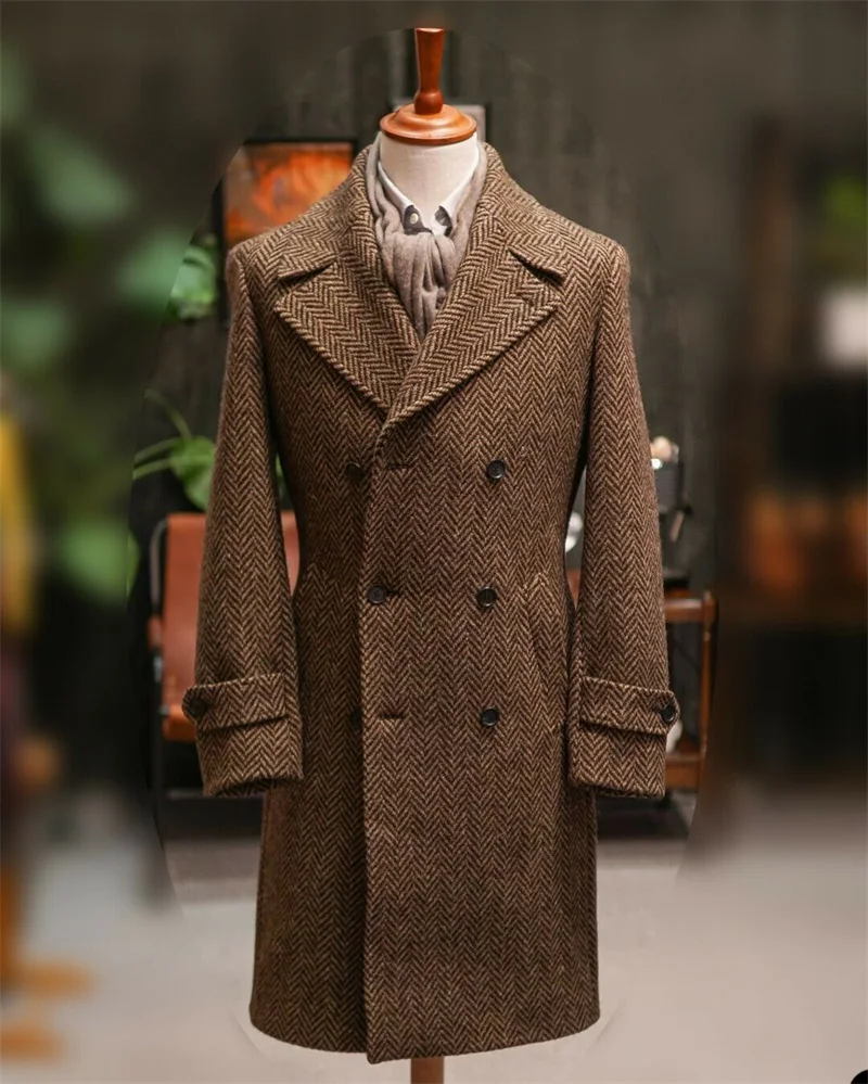 Manteau en laine marron à chevrons pour hommes, costume Double boutonnage, Tuxedos sur mesure, Blazer Long, veste d'hiver de styliste