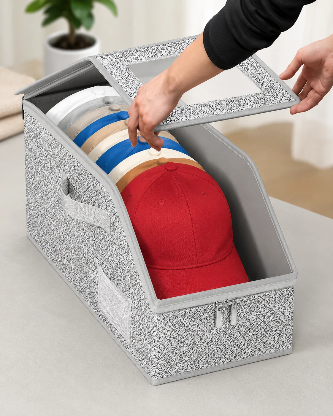Stackable and foldable hard cap storage box - a space saving wardrobe organizer, multifunctional baseball cap storage box, trans