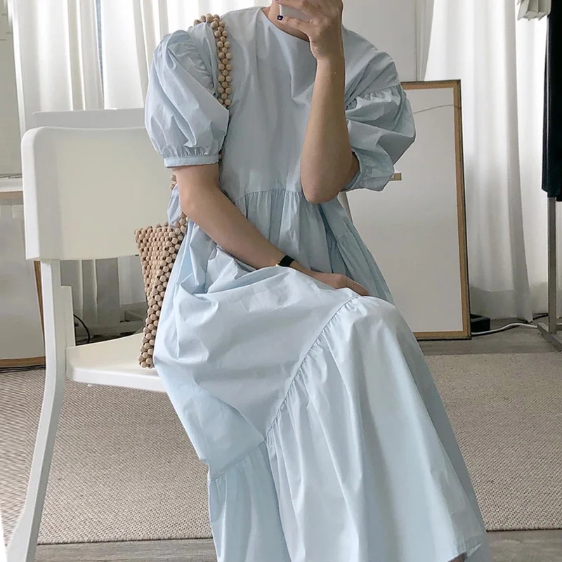 Vestido Longo Estilo Coreano com Design em Camadas E, Ajuste Confortável, Cor Pura, Gola Redonda, Manga Bufante Solta ...