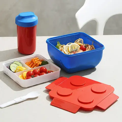 크리 에이 티브 DIY 빌딩 블록 도시락 상자 어린이를위한 모듈 형 휴대용 도시락 상자 학생 샌드위치 과일 샐러드 컨테이너 식기류