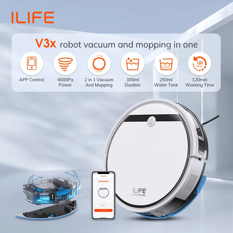 مجموعة مكنسة وممسحة روبوت ILIFE V3X، مطورة V3s Pro، متوافقة مع Alexa/Google/WiFi، 120 دقيقة، 3000 باسكال، مثالية لشعر الحيوانات الأليفة