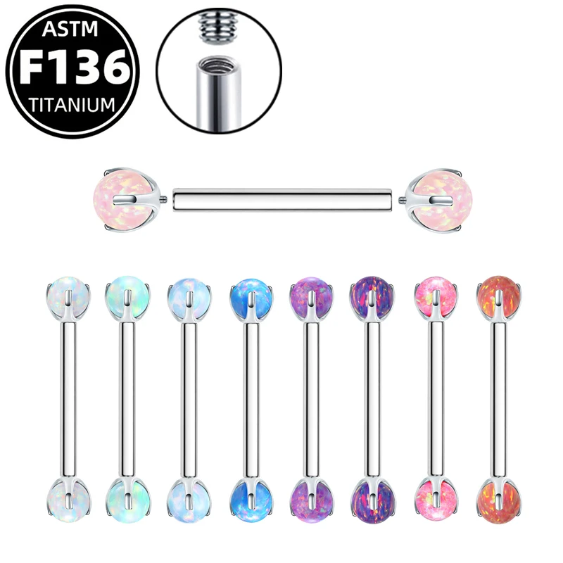 ASTM F136 Titanium Opal Tongue Ring Straight Industrial Barbell, 16G Internally Threaded Nose Bridge Rings Piercing Jewelry