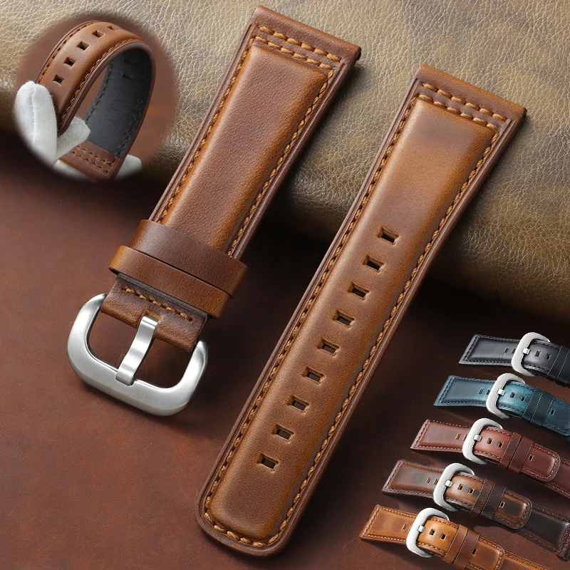 Retro Oil Wax Leather Watch Strap 28mm Premium Distressed Cowhide Band Durable Wristband for Casual Business Universal Bracelet