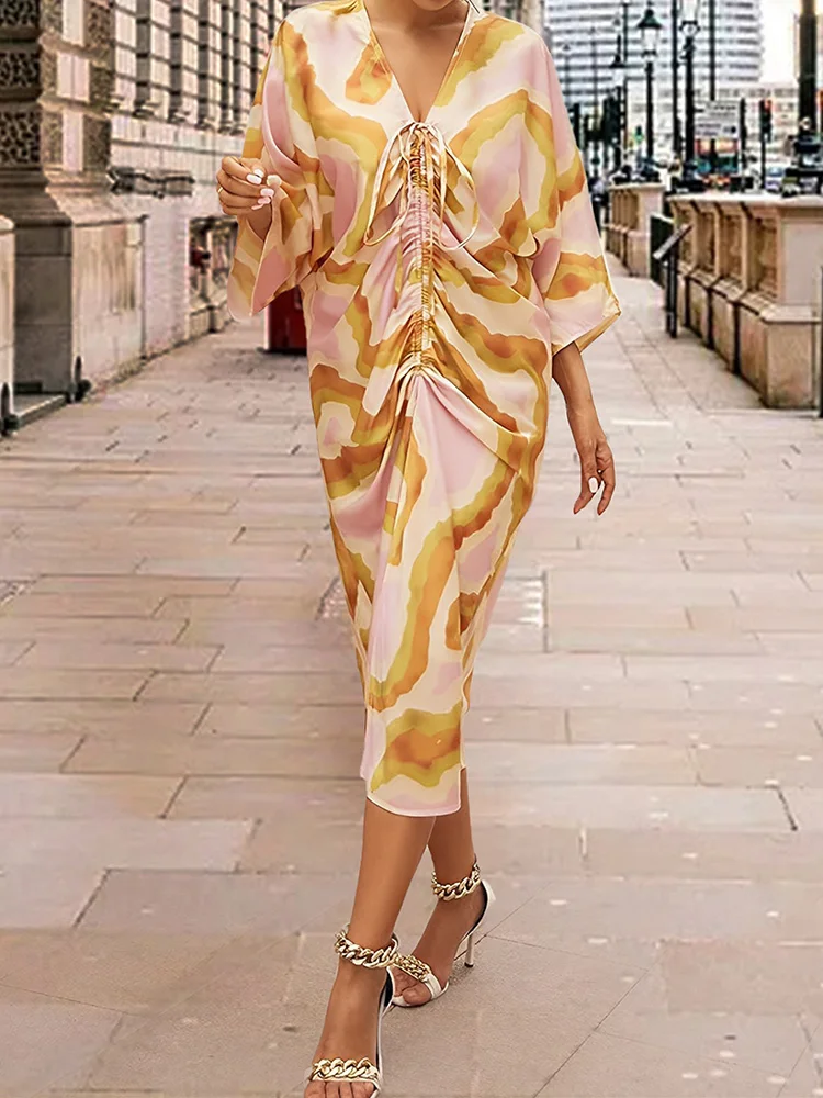 Feminino casual manga morcego bohe vestido de festa moda padrão impressão férias vestidos soltos elegante com decote em v cordão tie-up vestido longo