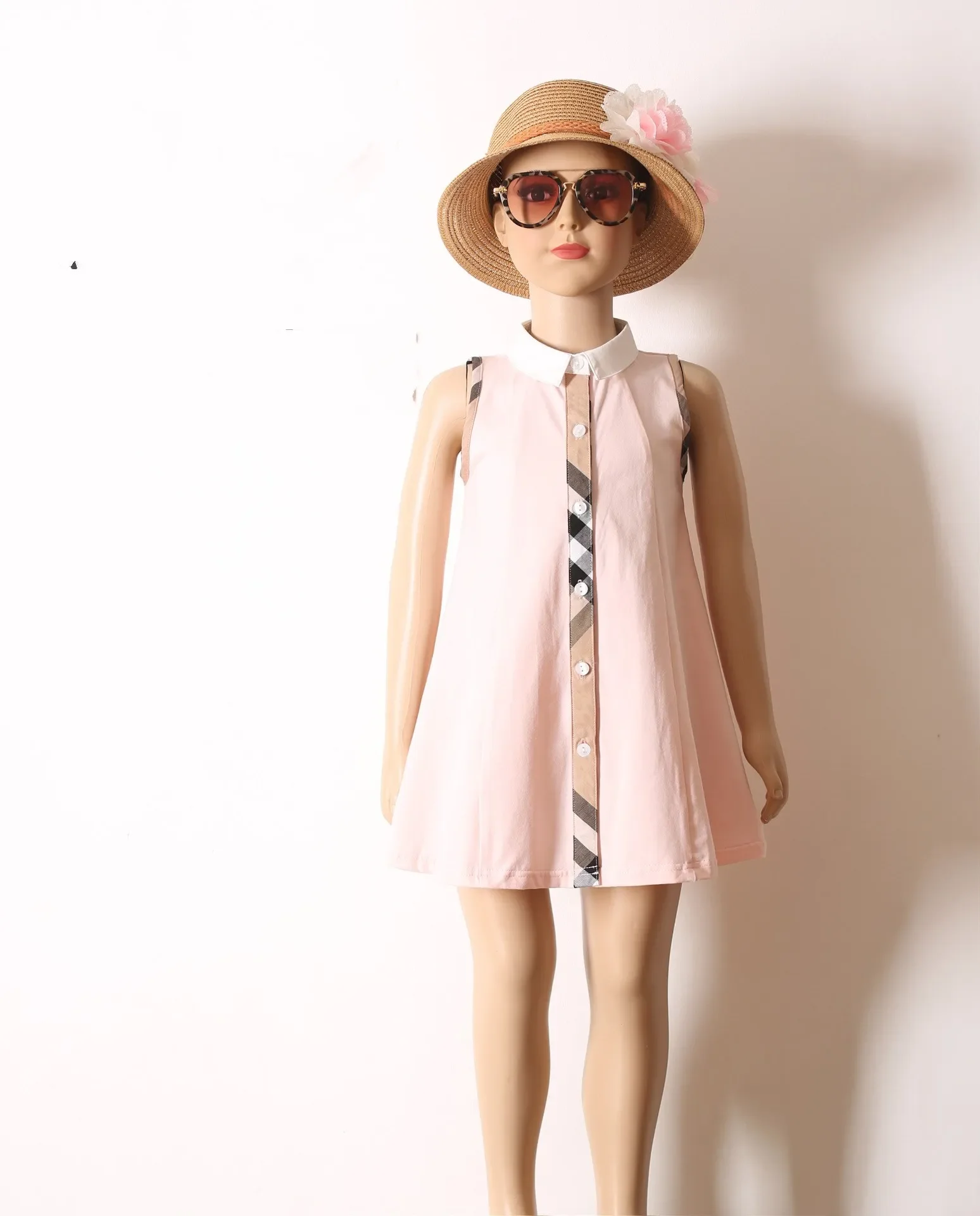 Girls Dresses Children\'s Clothing Cotton Pink Plaid Summer Fashion Baby Single-breasted Shirt Dress 3-10Y One Piece Skirts