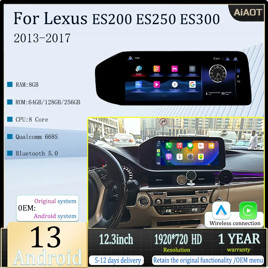 

12.3"Android 13Qualcomm For Lexus ES200 250 300 wirelessCarplay Auto MultimediaPlayer TouchScreen GPS Navigation OEM Menu LHDRHD