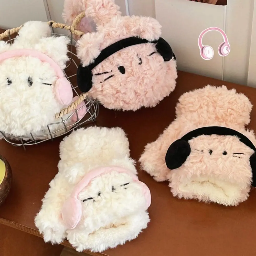 สบายแมวครึ่งนิ้วถุงมือWindproofพลิกการ์ตูนMittensหูอุ่นอุ่นฤดูหนาวPlush Earmuffsนักเรียน