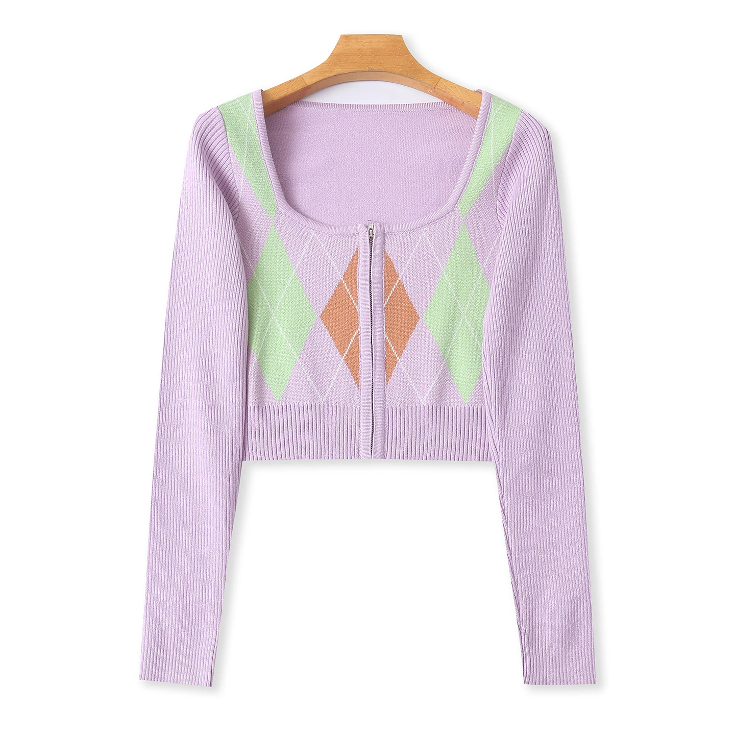 

Knitted Open Cardigan Sweater Autumn New Women's Square Collar Zipper Long Sve Embroidered Diamond id Open Cardigan 32565