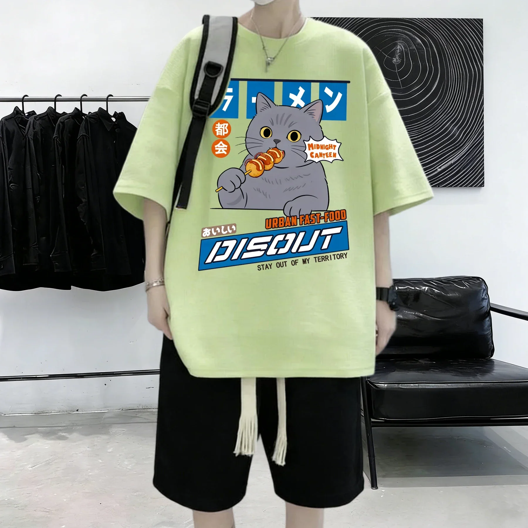 A Cat That Likes To Eat Snacks Printed Cotton Summer Basics T Shirt Man Comfortable All-Match Short Sleeve Loose Youth Tops