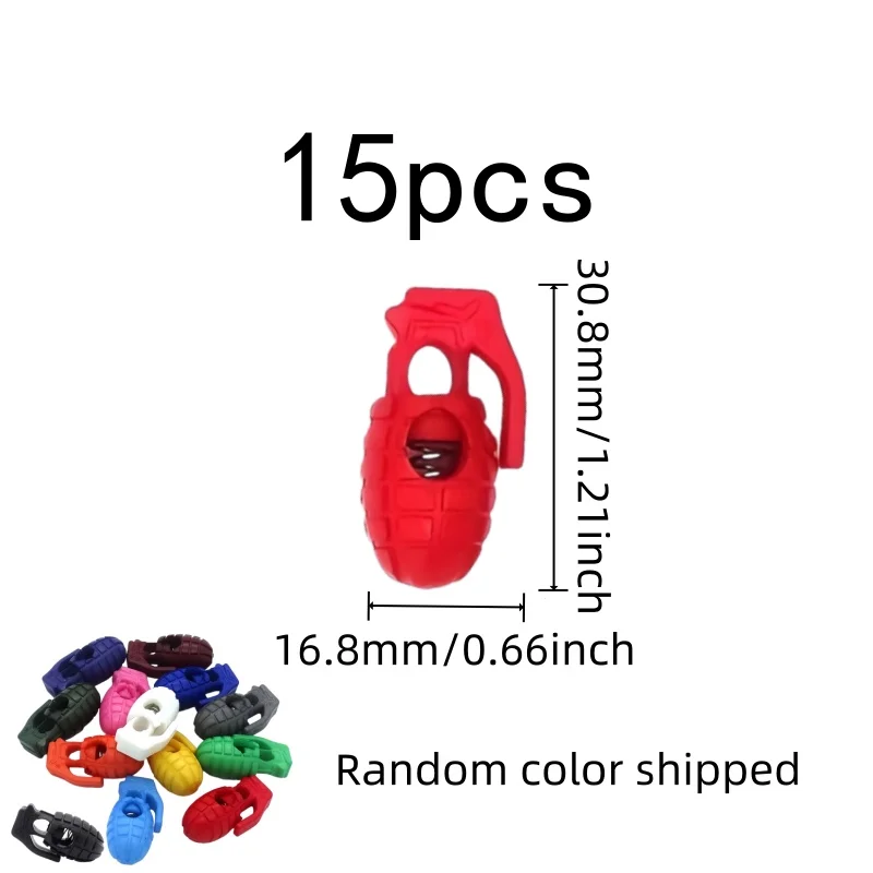 Grenade Cord Locks 15 pcs, Random Color Assortment, Spring Toggle Mechanism, for Shoelaces Adjustment