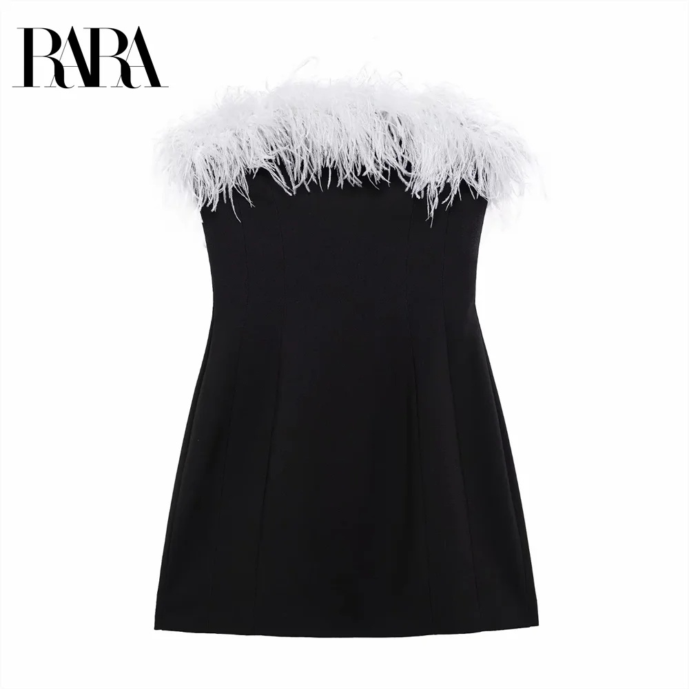 

2024 RARA Winter New Style Temperament One Piece Collar Elastic Splicing Short Style Sexy Spicy Girl Feathered Short Dress