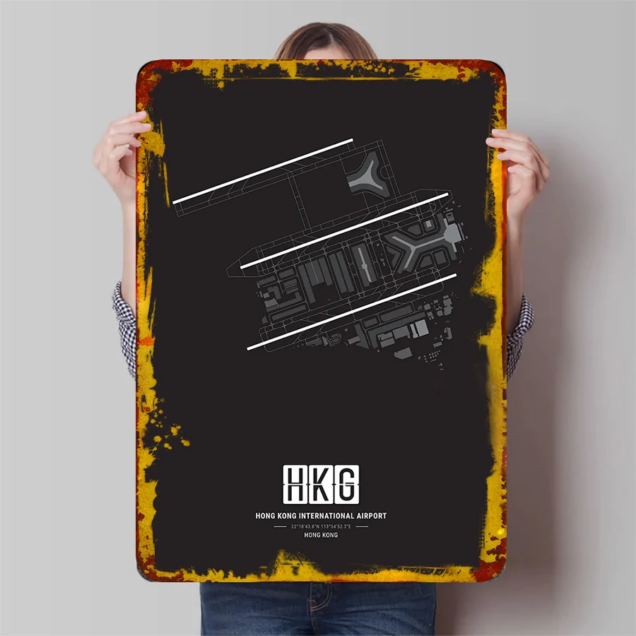 Hong Kong International Airport HKG Runway Map Metal Wall Art Modern Minimalist Iron Decor for Home Office
