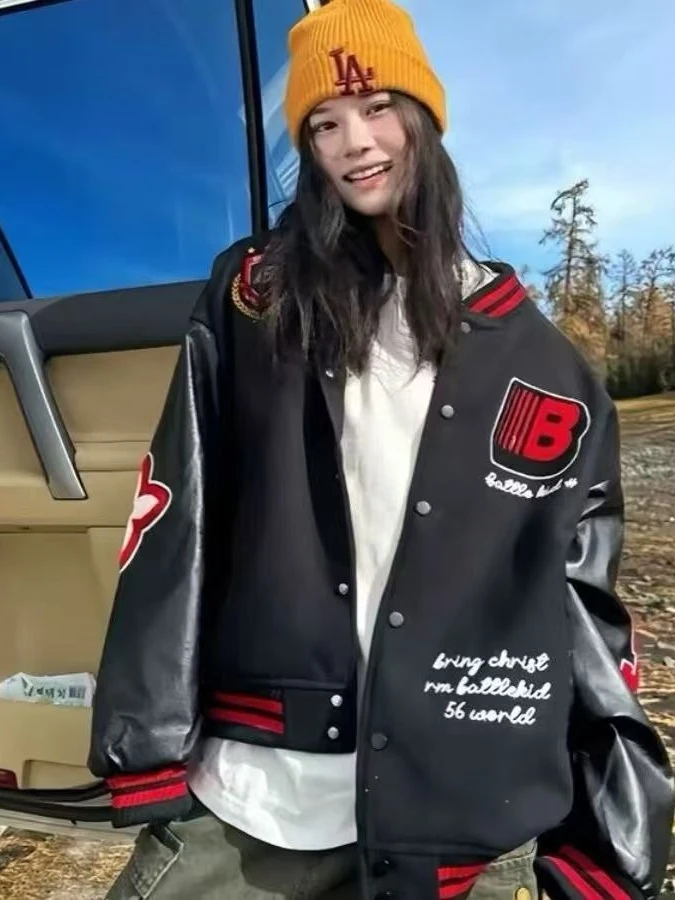 

2025 New High Street Patchwork Color Blo Baseball Jaet Loose Fit ex Spring Autumn American Sle Polyester Fiber