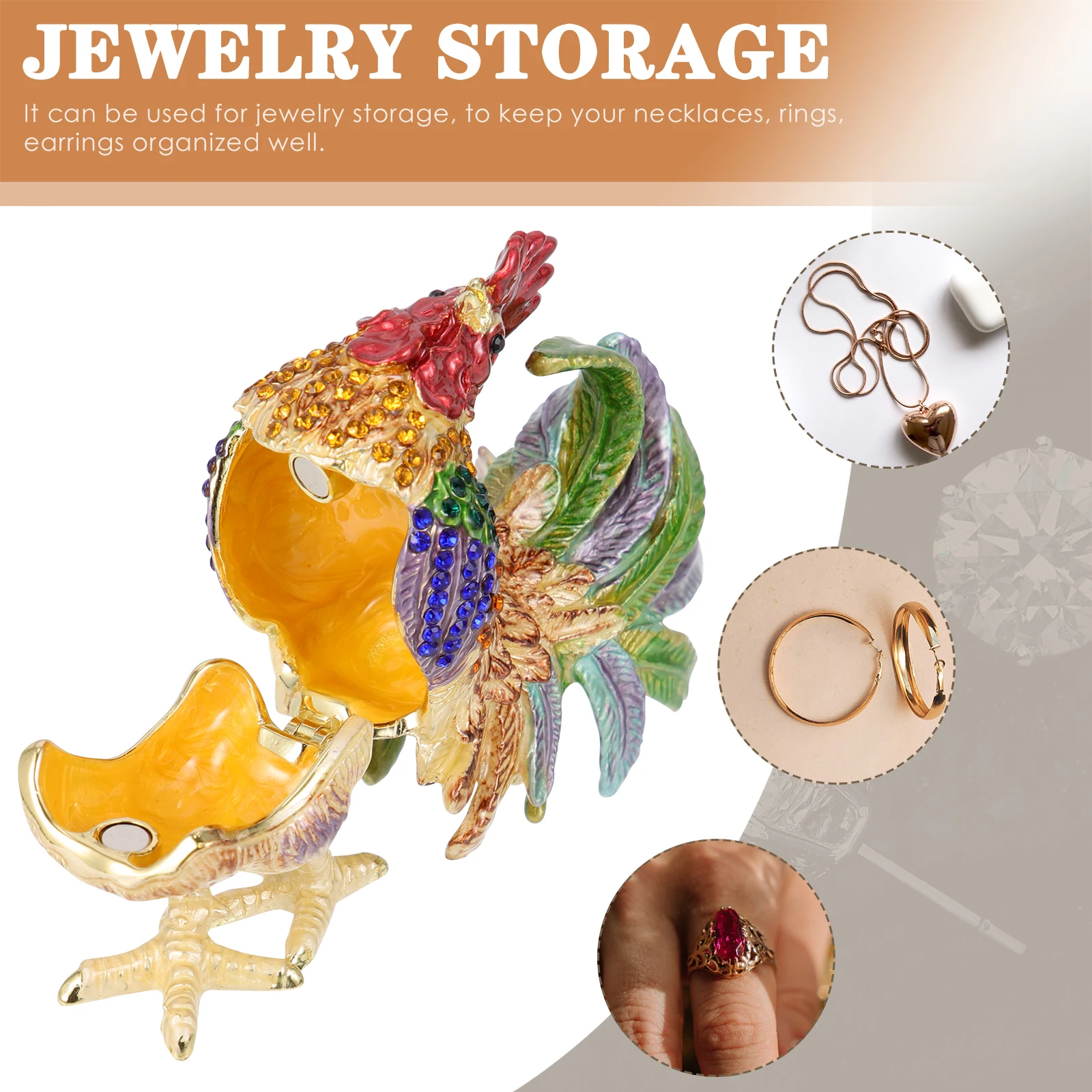 

Rhinestone Rooster Ornaments Chicken Jewelry Case Shape Decor Animal Box Desktop Alloy