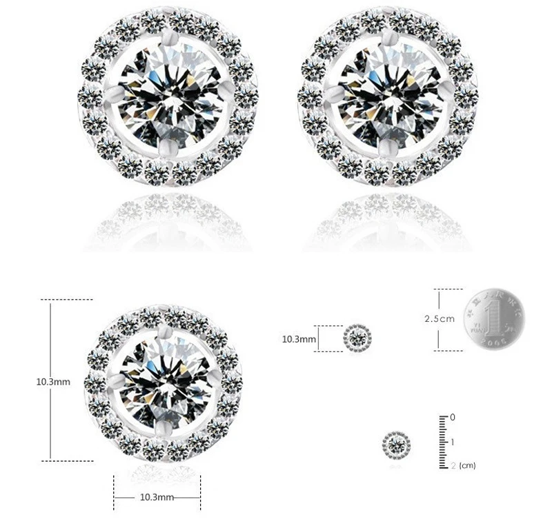 Original Certified Real White Tibetan Silver Earrings Round Clear Cubic Zirconia Stud Earrings for Women Wedding Ear Jewelry