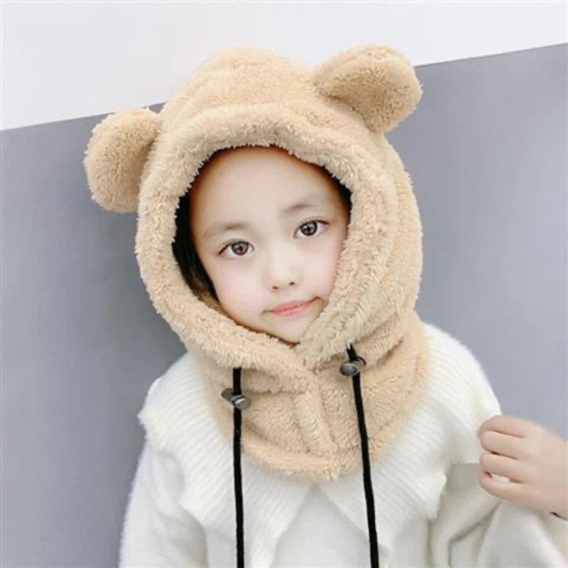 Winter Children Hat Scarf In One Plus Fleece Kids Warm Caps Parent-child Cartoon Windproof Hats For Girls Boys Earflap Cap