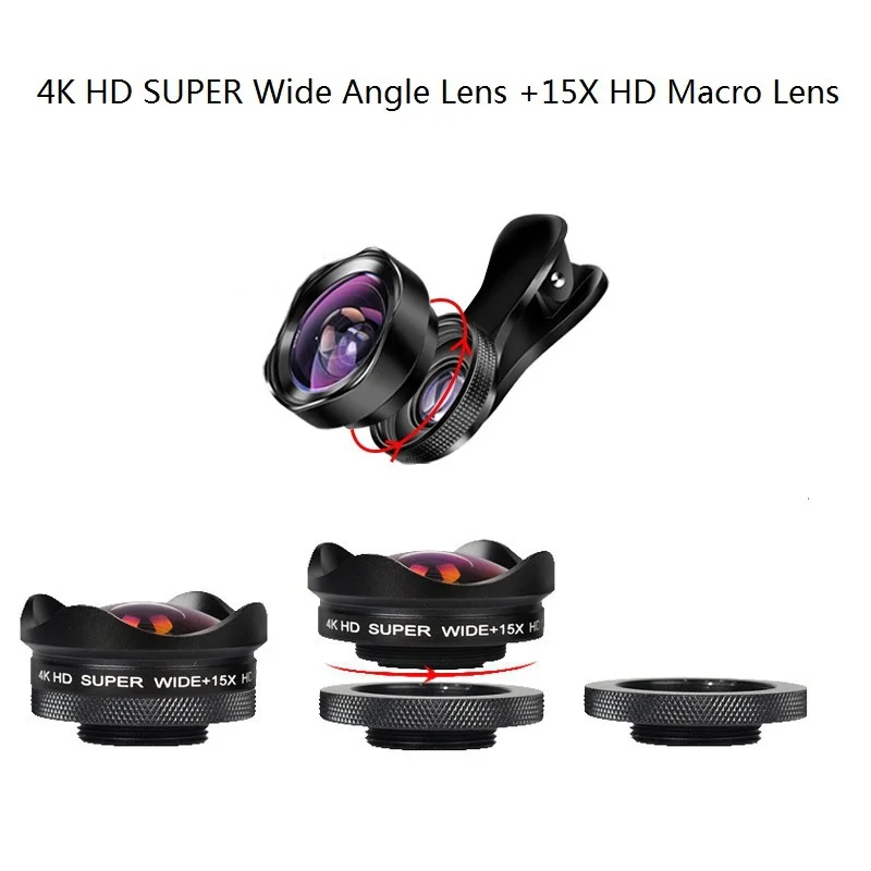 2 in 1 15X Phone Camera Lens 4K HD Macro Lens Wide Angle Lens Close Distance Shooting Macro Lens For iPhone Samsung Cellphone