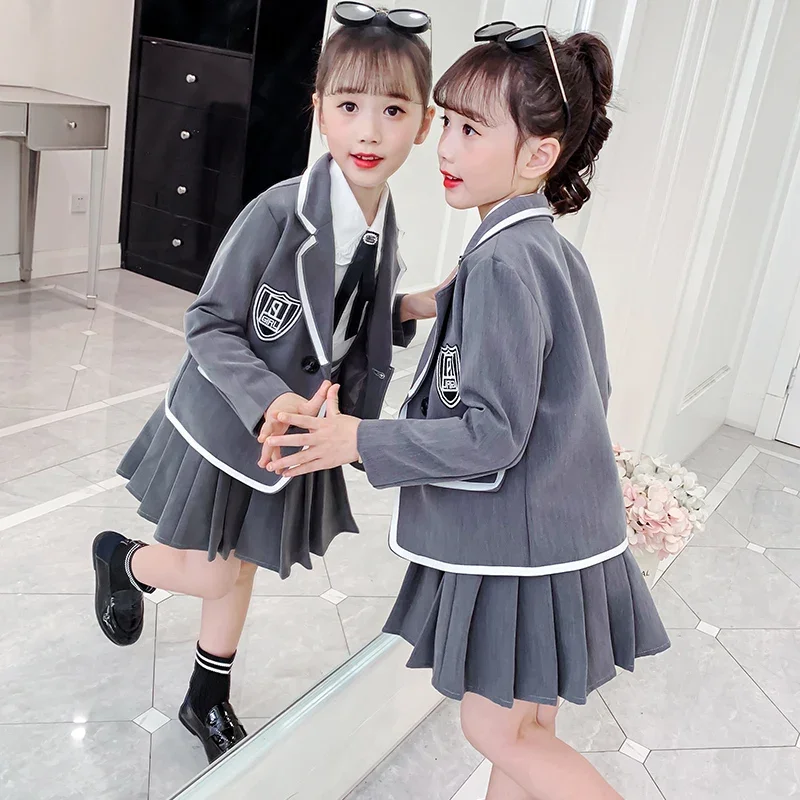 Girls Clothes Set Gray School Formal Western Suit Pleated Skirt For Uniforms For 4 5 6 7 8 9 10 11 12 Years Kids Girls Outfit