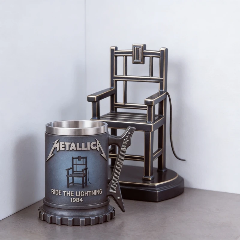 Metallica Heavy Metal Rock Style Beer Mug with Electric Guitar Handle Retro Stainless Steel Lined Bar Cup for Fans