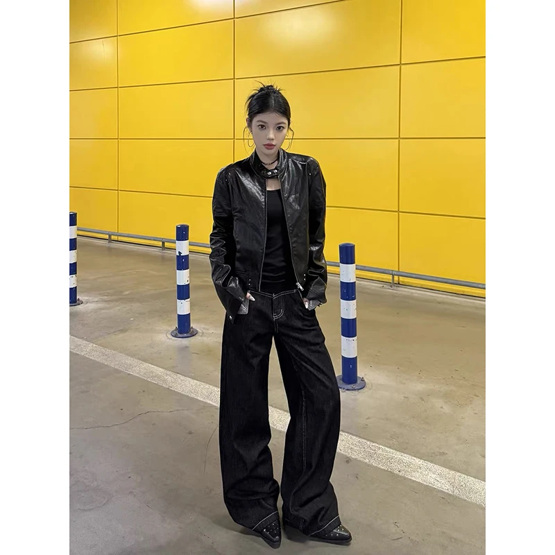 ZHIZOU Women's Baggy Black Jeans Denim Pants American Retro Y2K 2000s Harajuku Cowboy High Street Grunge Streetwear Korean Jeans