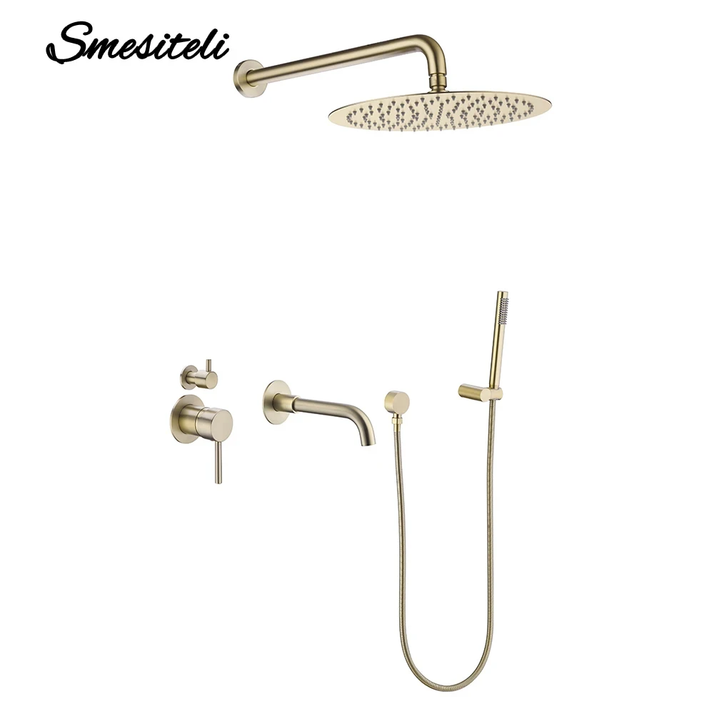 Brushed Gold Bathroom Faucet Shower System Set 3-Function Shower Diverter Valve Round 8/10/12/16 Inch RainShower Tap with bathtu