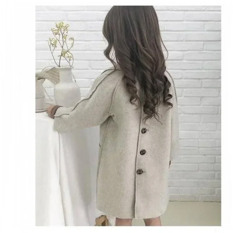 Girls Coat New 2024 Foreign Style Coat Medium Long Double-sided Imitation Cashmere Overcoat Children Trench Coat Fashion