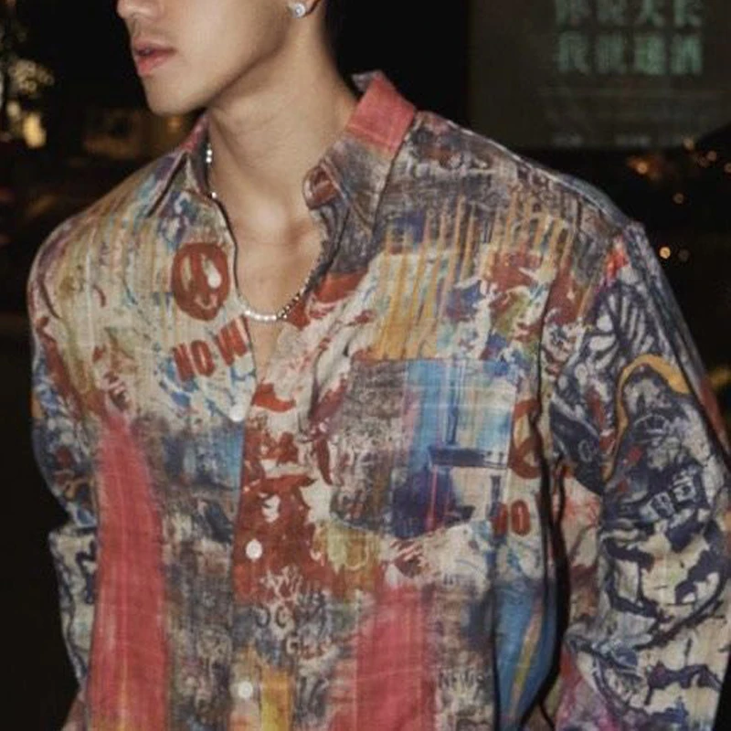 

Men Trendy American Vintage Printed Oversize Streetwear Casual Shirts Y2K Harajuku Chic Lapel Long Sleeve Tops Camisas De Hombre