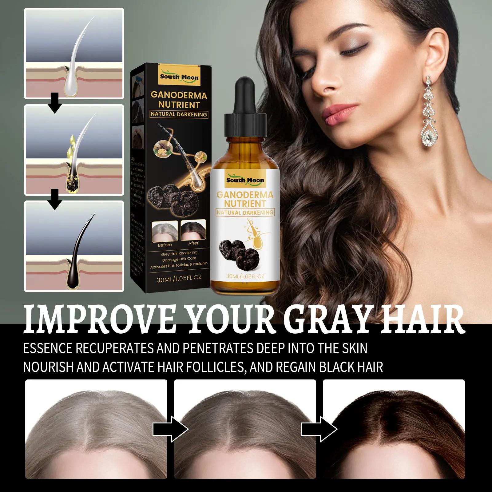 Reying Hair, Hair Darkening , Organic Ganoderma Nutrient Hair Reverse 30ML Black Ganoderma nourishes hair and strengthens it