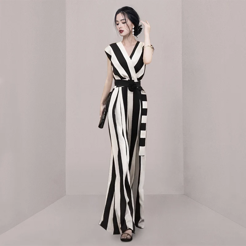 

Summer Wide Leg Jumpsuit Women's High Waist Striped Bla White Dr Ele Lady New Sle Commute ket Long Pants