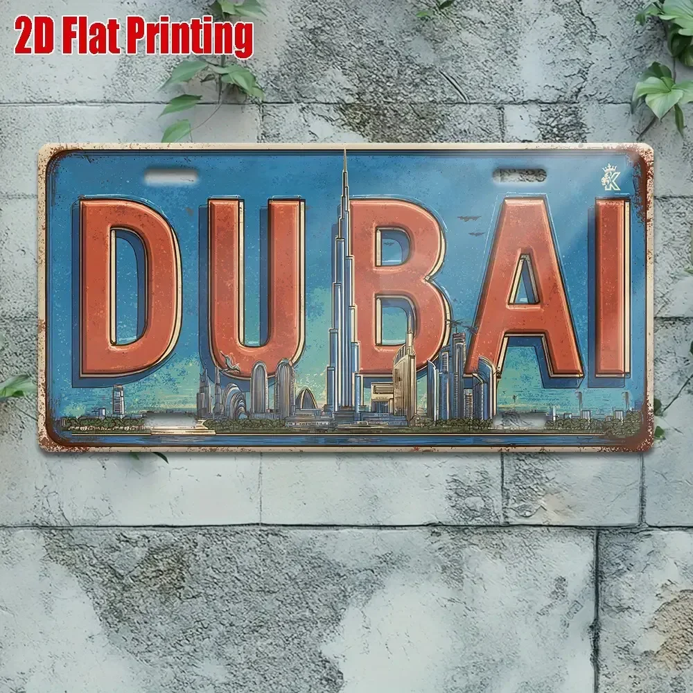 2D Flat - 1 Vintage Dubai Metal License Plate | Classic 2D Flat Aluminum Sign with Dubai Skyline, Large Size 29.97x14.99 cm,