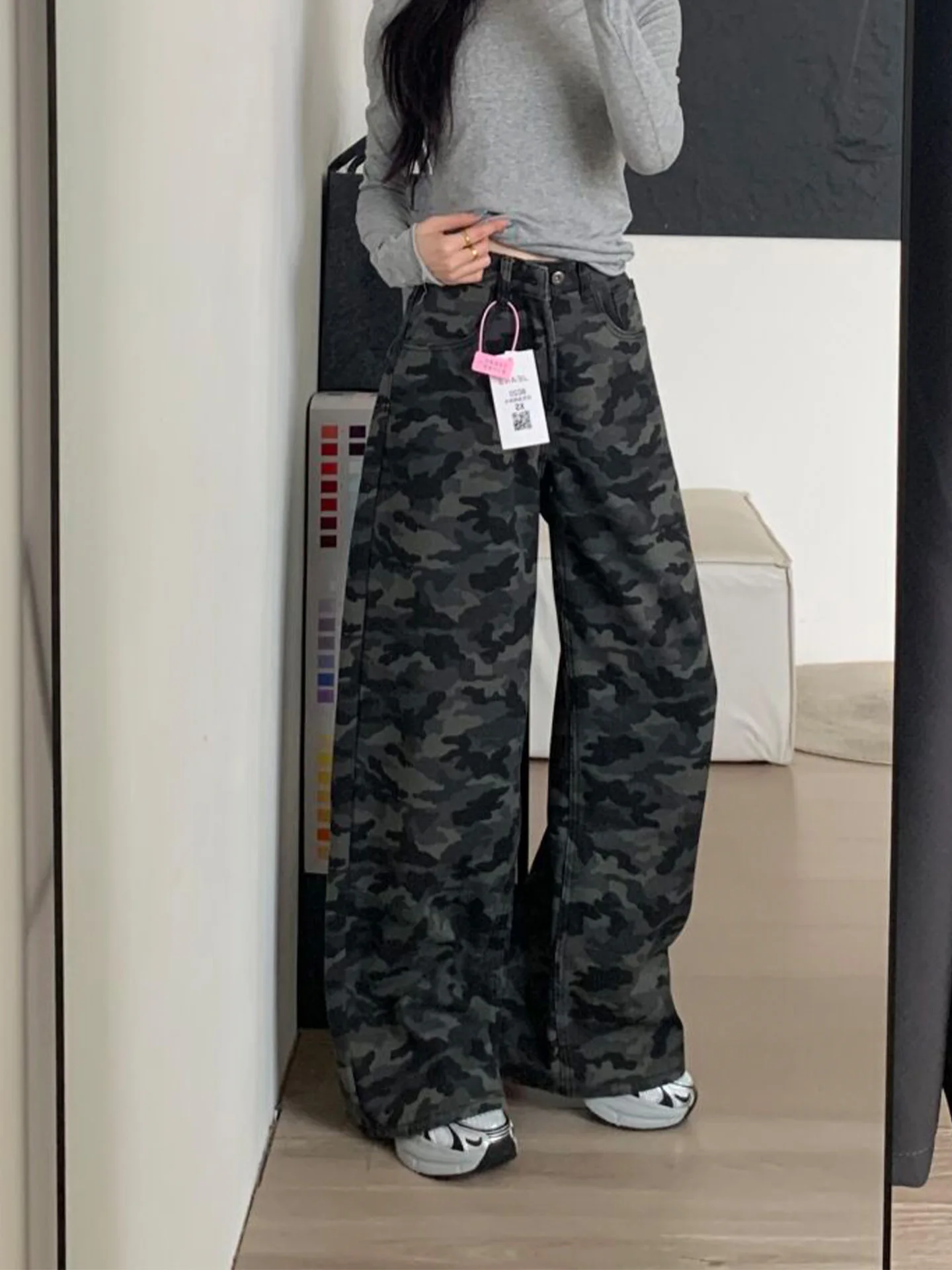 

plus Size Camouflage Jeans High Waist Straight Leg Loose Fit Spring 2026 American Sle Workwear Slimming Long Trousers