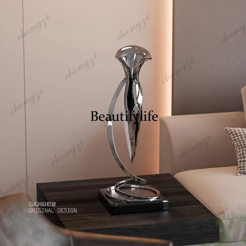 Modern light luxury stainless steel sculpture floor-to-ceiling ornament model room entrance niche abstract art installation