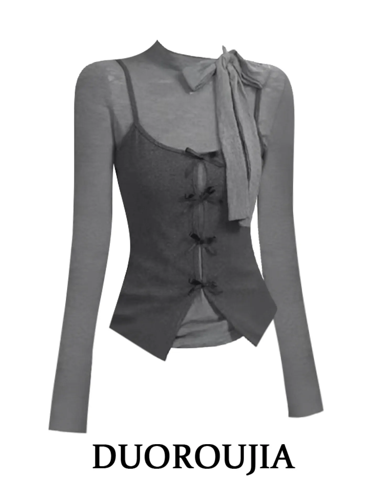 Atasan Rajut Wanita Ukuran Besar Model Amerika dengan Detail Tali di Bagian Depan, Set Dua Potong untuk Awal Musim Gugur, Model Kerut Tinggi, Bahan Rajut Bernapas dengan Lengan Panjang