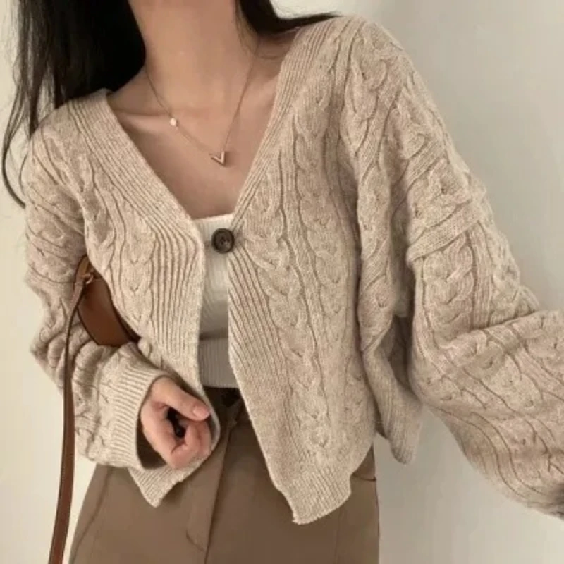 2026 Autumn Winter Vintage Cable Knit V Neck Sweater Women Knit Cardigan Korean Chic Loose Long Sleeve Sweater Outerwear