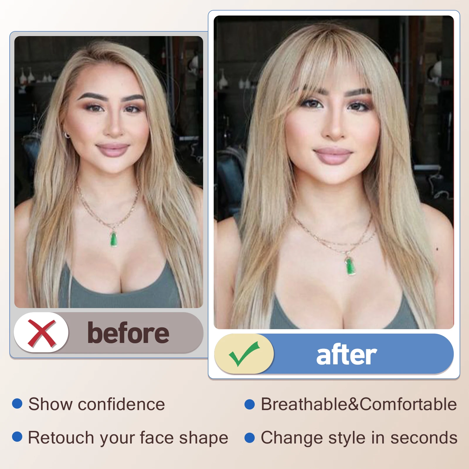 100% Human Hair Light Golden Brown Bangs for Women with Wispy Side Fringes Clip in Hair Extension Piece for Daily Wear Hairpiece