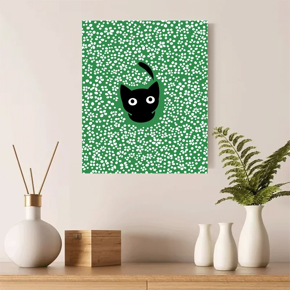 1pc frameless Canvas Painting 1PC-Unframed Canvas poster wall decoration  Black Cat Hidden in Green Floral Pattern Art Print